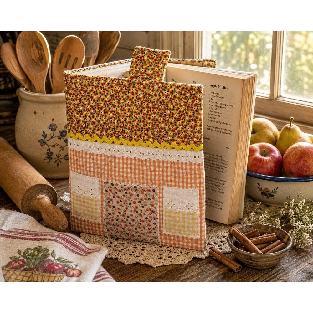 Handmade Quilted Cookbook Cover Floral Gingham Lace Bookmark Kitchen Gift Decor